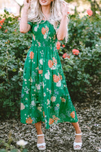 Load image into Gallery viewer, Green Floral Print Bubble Sleeve Smocked Tiered Midi Dress
