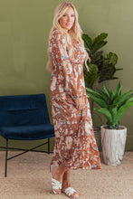 Load image into Gallery viewer, Brown Floral Print Shirred Square Neck High Waist Maxi Dress
