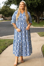 Load image into Gallery viewer, Sky Blue Geometric Print Lace-up Notch Neck Plus Size Maxi Dress
