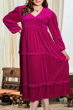 Load image into Gallery viewer, Rose Red Shirred V Neck Tiered Ruffled Velvet Plus Size Maxi Dress
