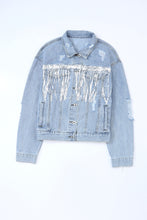 Load image into Gallery viewer, Sky Blue Sequin Embellished Fringe Distressed Denim Jacket
