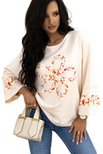 Load image into Gallery viewer, Beige Flower Patch Graphic Exposed Seam Wide Sleeve Top
