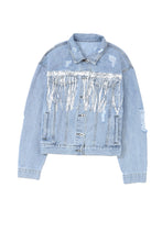 Load image into Gallery viewer, Sky Blue Sequin Embellished Fringe Distressed Denim Jacket
