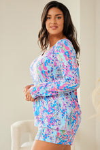 Load image into Gallery viewer, Sky Blue Plus Size Floral Print Long Sleeve and Shorts Lounge Outfit
