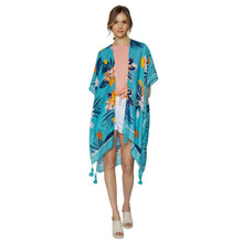 Load image into Gallery viewer, Turquoise Tropical Floral Tassel Kimono
