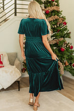 Load image into Gallery viewer, Prussian Blue Velvet Short Sleeve Shirred Waist Tiered Maxi Dress

