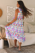 Load image into Gallery viewer, Blue Floral Print Frilly Neck Sleeveless Tiered Maxi Dress
