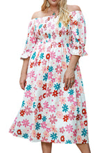 Load image into Gallery viewer, White Plus Size Flower Print Smocked Off Shoulder Dress
