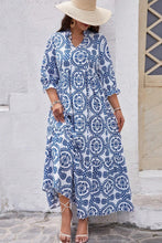 Load image into Gallery viewer, Sky Blue Geometric Print Lace-up Notch Neck Plus Size Maxi Dress
