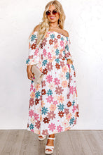 Load image into Gallery viewer, White Plus Size Flower Print Smocked Off Shoulder Dress
