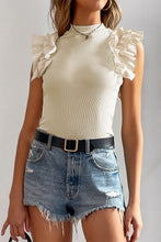 Load image into Gallery viewer, Beige Ruffle Flutter Sleeve High Neck Ribbed Blouse
