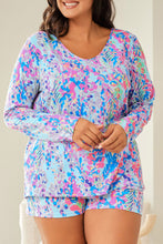 Load image into Gallery viewer, Sky Blue Plus Size Floral Print Long Sleeve and Shorts Lounge Outfit
