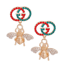 Load image into Gallery viewer, Red and Green Designer Logo Bee Earrings
