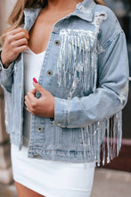 Load image into Gallery viewer, Sky Blue Sequin Embellished Fringe Distressed Denim Jacket
