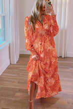 Load image into Gallery viewer, Orange Boho Floral Bishop Sleeve V Neck Tiered Maxi Dress
