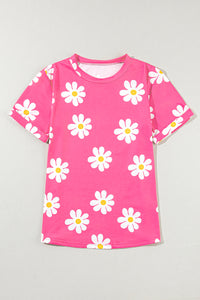 Pink Daisy Printed Crewneck T Shirt