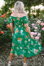 Load image into Gallery viewer, Green Floral Print Bubble Sleeve Smocked Tiered Midi Dress
