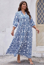 Load image into Gallery viewer, Sky Blue Geometric Print Lace-up Notch Neck Plus Size Maxi Dress
