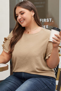 Light French Beige Ruffled Short Sleeve Plus Size Top