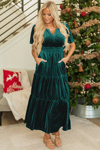 Load image into Gallery viewer, Prussian Blue Velvet Short Sleeve Shirred Waist Tiered Maxi Dress

