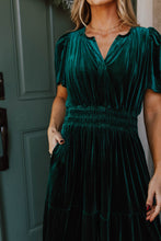 Load image into Gallery viewer, Prussian Blue Velvet Short Sleeve Shirred Waist Tiered Maxi Dress
