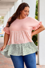 Load image into Gallery viewer, Pink Ruffled Short Sleeve Leopard Splicing Flowy Plus Size Top
