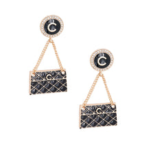 Load image into Gallery viewer, Black Quilted Bag Gold Earrings
