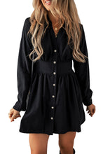 Load image into Gallery viewer, Black Elastic Cinched High Waist Long Sleeve Shirt Mini Dress
