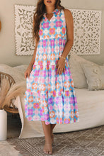 Load image into Gallery viewer, Blue Floral Print Frilly Neck Sleeveless Tiered Maxi Dress
