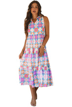 Load image into Gallery viewer, Blue Floral Print Frilly Neck Sleeveless Tiered Maxi Dress

