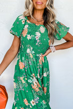 Load image into Gallery viewer, Green Floral Print Bubble Sleeve Smocked Tiered Midi Dress
