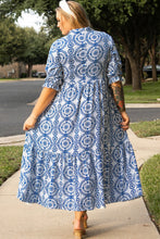 Load image into Gallery viewer, Sky Blue Geometric Print Lace-up Notch Neck Plus Size Maxi Dress
