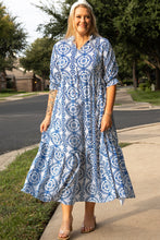 Load image into Gallery viewer, Sky Blue Geometric Print Lace-up Notch Neck Plus Size Maxi Dress
