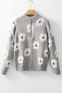 Khaki Floral Pattern Half Zip Drop Shoulder Sweater