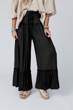 Load image into Gallery viewer, Black Frilled Drawstring High Waist Wide Leg Pants
