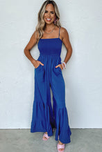 Load image into Gallery viewer, Navy Blue Spaghetti Straps Smocked Ruffled Wide Leg Jumpsuit
