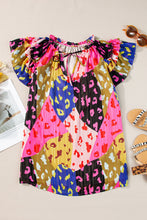 Load image into Gallery viewer, Rose Leopard Flutter Sleeve V Neck Crinkled Blouse
