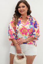 Load image into Gallery viewer, Rose Red Floral Print Split Neck Short Puff Sleeve Plus Blouse
