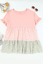 Load image into Gallery viewer, Pink Ruffled Short Sleeve Leopard Splicing Flowy Plus Size Top
