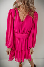 Load image into Gallery viewer, Rose Red Puff Long Sleeve V Neck Pleated Mini Dress
