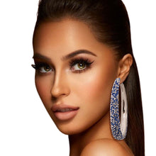 Load image into Gallery viewer, Blue Rhinestone Crusted Silver Hoops
