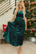 Load image into Gallery viewer, Prussian Blue Velvet Short Sleeve Shirred Waist Tiered Maxi Dress
