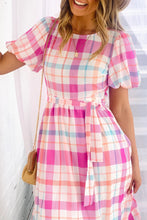 Load image into Gallery viewer, Pink Checkered Puff Sleeve Belted Midi Dress
