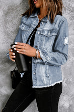 Load image into Gallery viewer, Blue Lapel Distressed Raw Hem Buttons Denim Jacket

