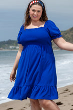 Load image into Gallery viewer, Dark Blue Shirred Ruffled Square Neck Plus Size Mini Dress
