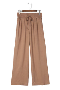 Brown Drawstring Elastic Waist Casual Wide Leg Pants