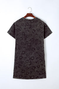 Gray Vintage Washed Leopard T-Shirt Dress with Pockets