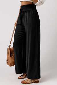 Brown Drawstring Elastic Waist Casual Wide Leg Pants