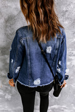 Load image into Gallery viewer, Blue Lapel Distressed Raw Hem Buttons Denim Jacket
