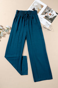 Brown Drawstring Elastic Waist Casual Wide Leg Pants